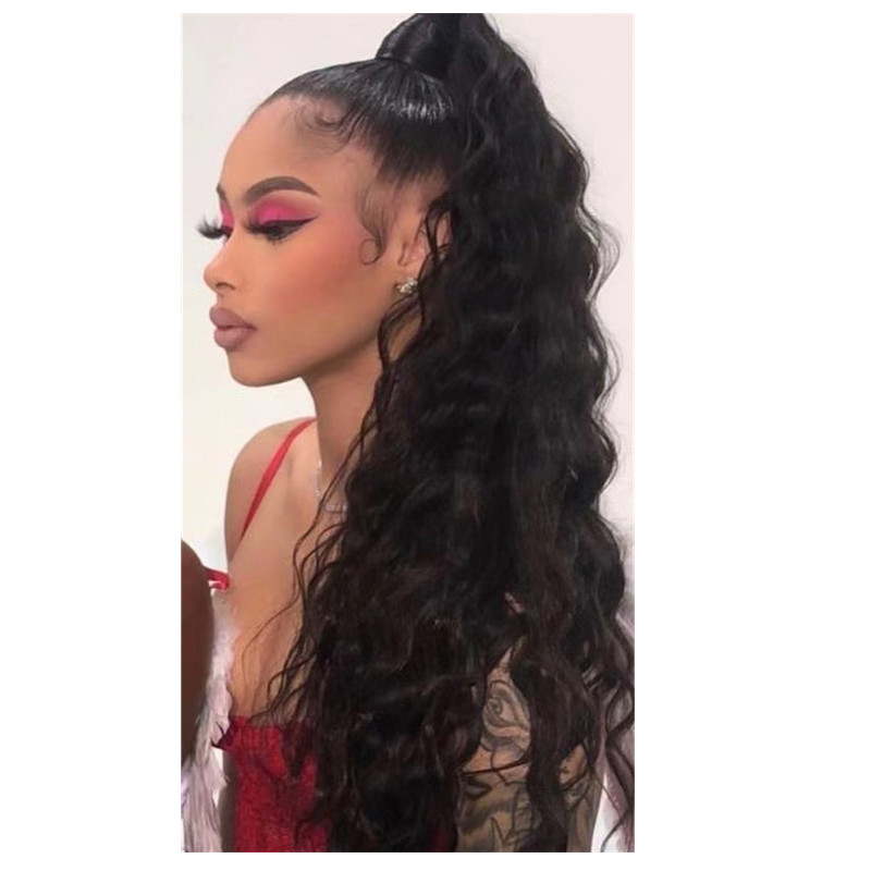 26inch snap on brazilian wavy ponytail human hair extension clip in drawstring wet and wavy women pony tail hairpiece side part stunning 140g 1b