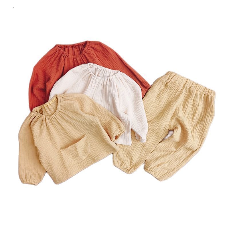 Pajamas Kids Clothing Sets 2pcs Autumn Children Suit Fall Solid Boys Girls Long Sleeve Tops Trousers Linen Cotton Outfits 230322