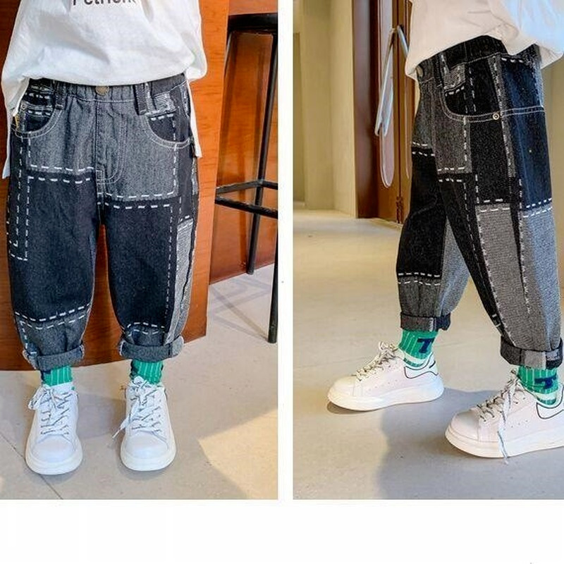 Jeans Boys Pants Fashion Jeans Patchwork Trend Sport Casual Pants Spring Autumn Teeage Children's Sweatpants Baby Kids Trousers 230322
