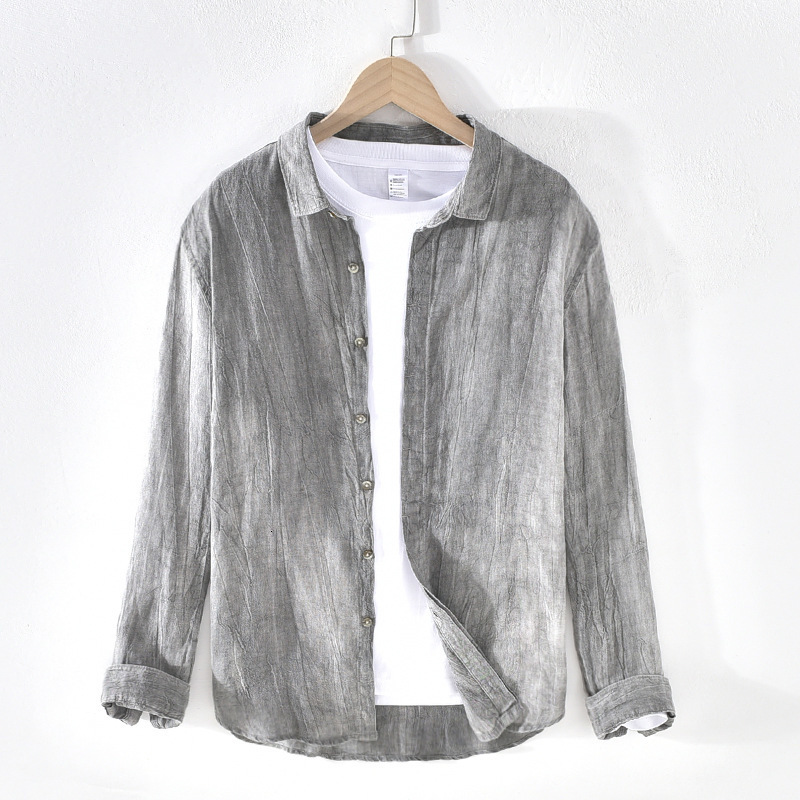 Men's Casual Shirts Men Spring Autumn High Quality Healthy 100% Linen Shirts Vintage Wrinkled Soft Breathable Slim Fit Tops Business Casual Shirt