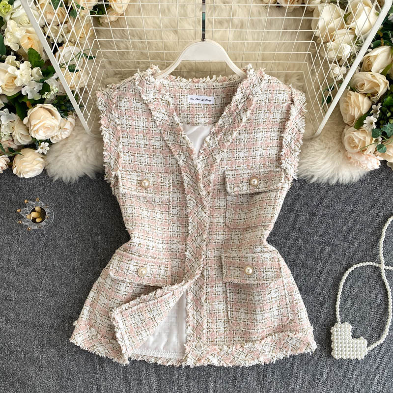 Women's Vests ladies' temperament fragrant and fragrant tweed jacket ladies retro tooling big pockets short waistcoat vest 230322