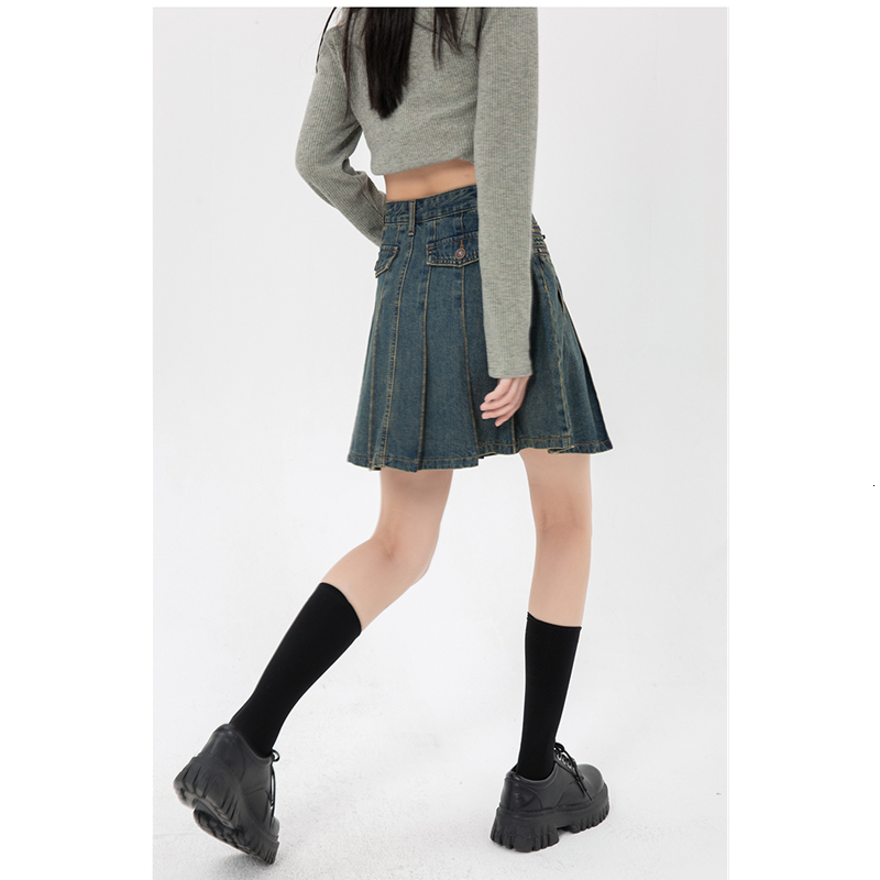 Skirts Women's Vintage Blue Denim Half Body Skirt Zipper Pleated High Waist Casual Fashion Baggy A-Line Jean Short Skirt Ladies Summer 230322