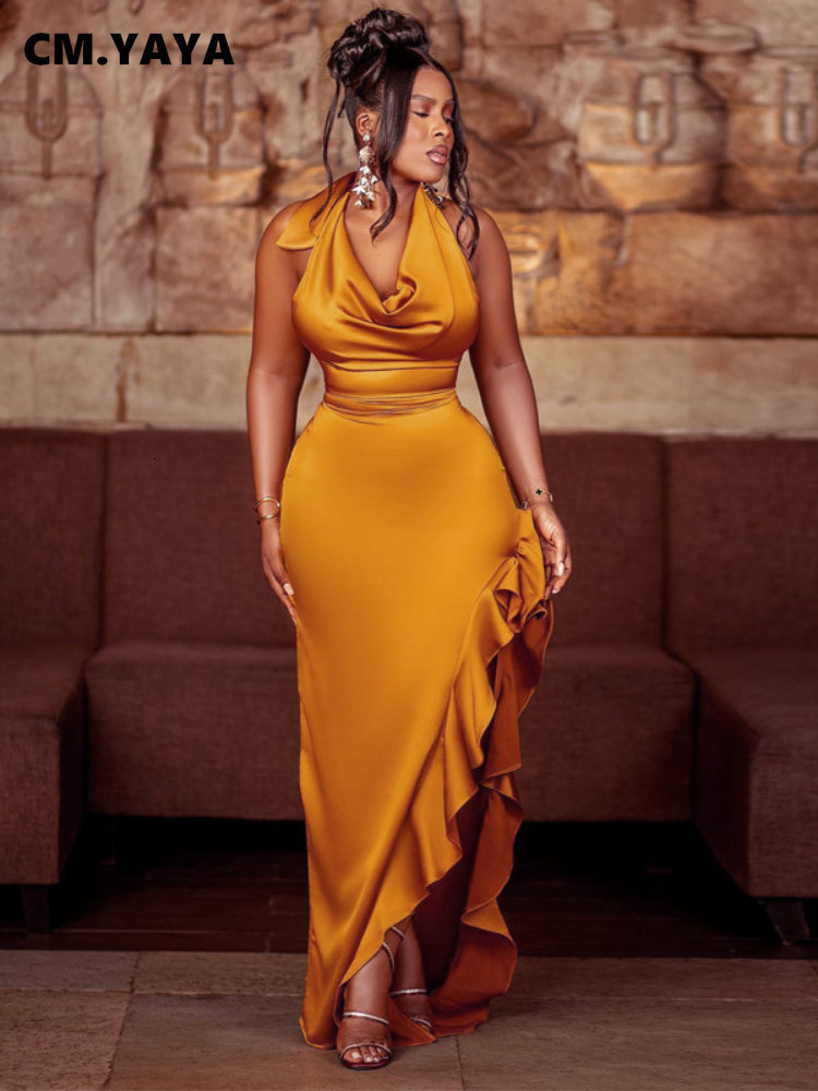 Party Dresses CM.YAYA Women Satin Stretch Halter Neck Sleeveless Backless Ruffles High Side Slit Maxi Long Dress Evening Sexy Party Dresses 230322