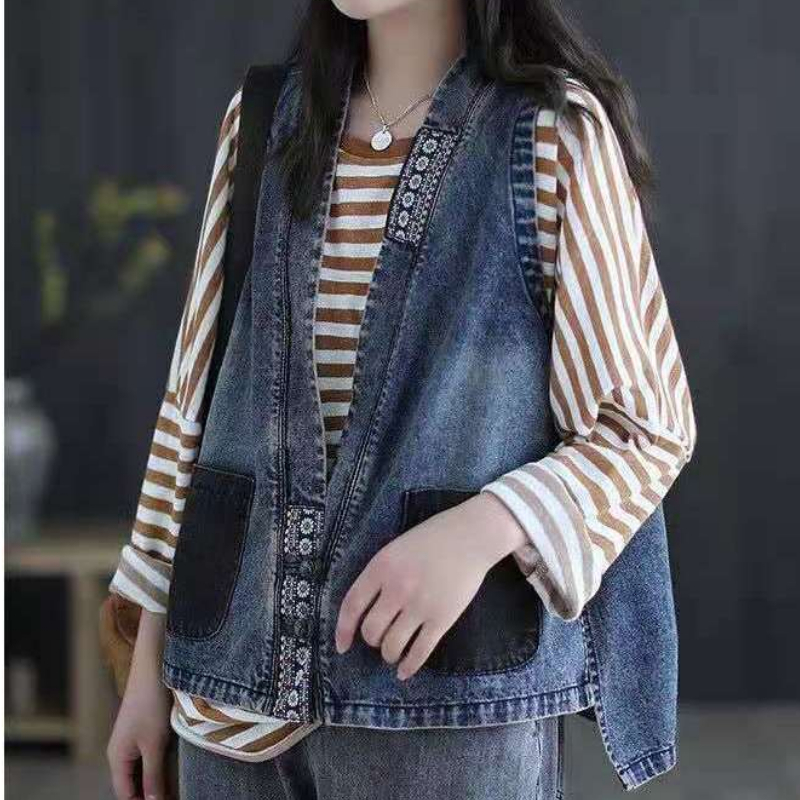Women's Vests Women's Korean Coat Retro Denim Vest Short Plus Size Loose Fashion Chinese Style Embroidered Spring and Summer Thin Cardigan 2