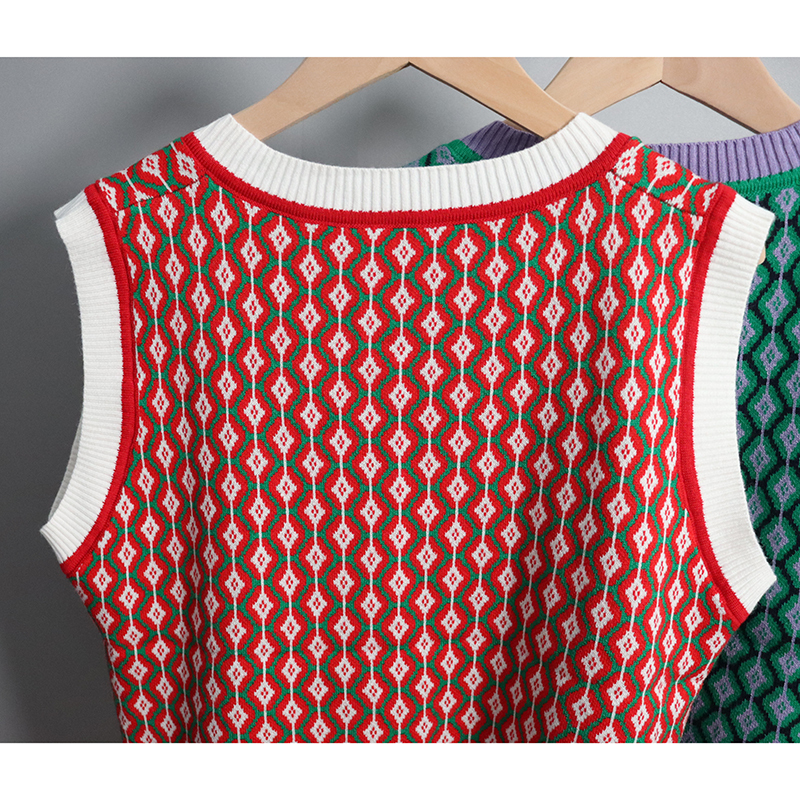 Women's Vests Fashion Retro Argyle Women's Sweater Tank Top Fall Winter Pull Up Hit Color Knitted Tank Top Sleeveless Jacket Gilet Women