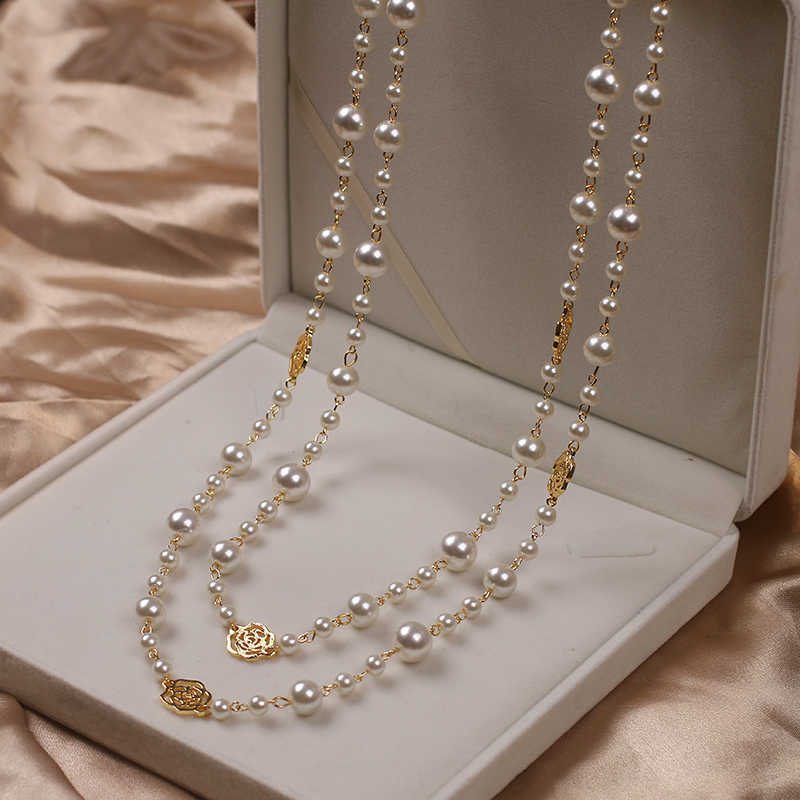 Designer Long Camellia Pearl Double Layer Rose Flower Sweater Chain Necklace for Women Maxi Pendant Collane Fashion Jewelry Gift High Quality Textured