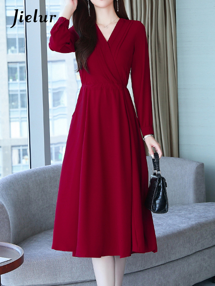 Party Dresses Jielur French Fashion Chiffon Long Dress Female Autumn V-neck Long Sleeve Black Red Dress Women Elegant Office Lady Vestidos 230322