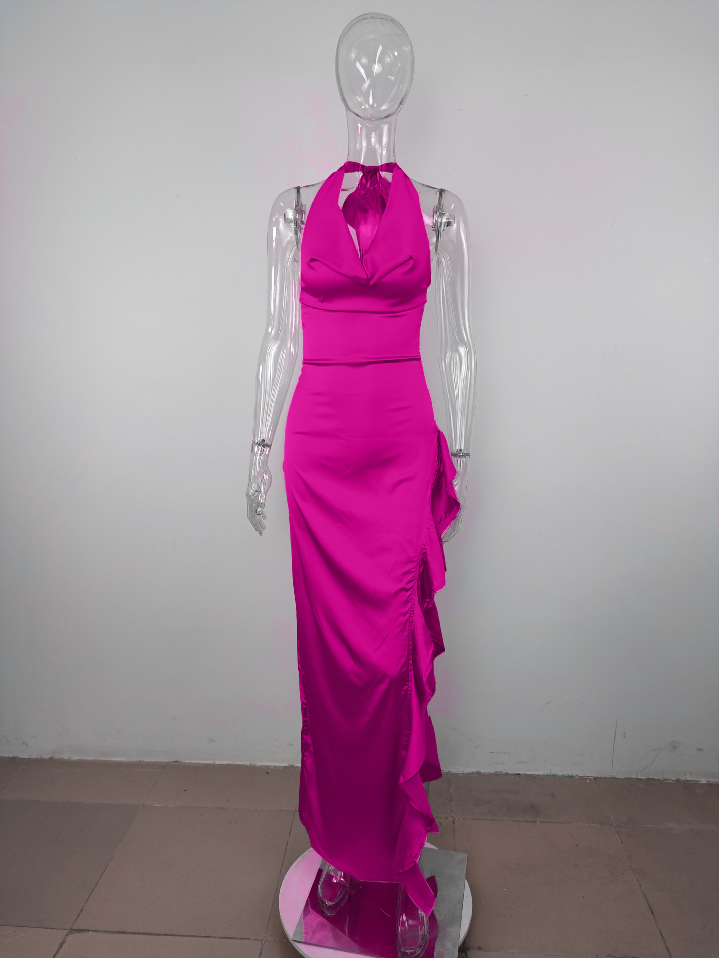 Party Dresses CM.YAYA Women Satin Stretch Halter Neck Sleeveless Backless Ruffles High Side Slit Maxi Long Dress Evening Sexy Party Dresses 230322