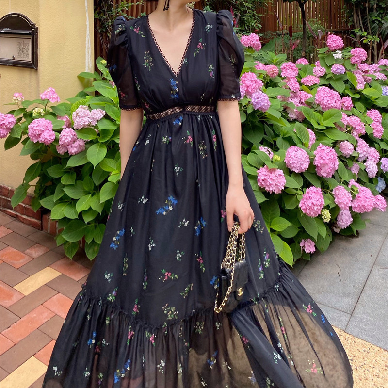 Party Dresses Runway Autumn Fashion Black Color Floral Print Long Dress Vintage Women V Neck Puff Sleeve Chiffon Slim High Waist Chic Vestidos 230322