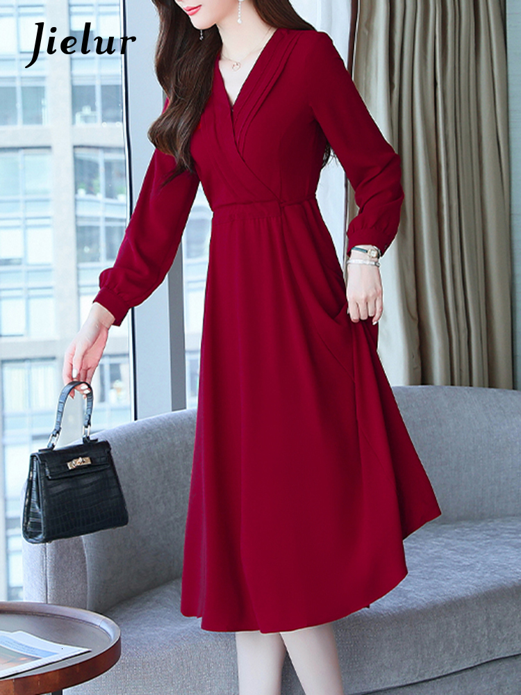 Party Dresses Jielur French Fashion Chiffon Long Dress Female Autumn V-neck Long Sleeve Black Red Dress Women Elegant Office Lady Vestidos 230322