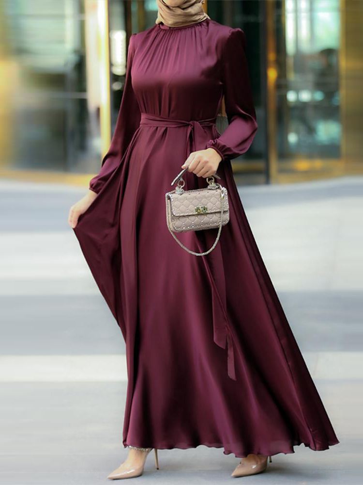 Ethnic Clothing Women's Muslim Party Solid Satin Maxi Dress Spring Chic Elegant Puff Sleeve Robe Casual Holiday Swing Kaftan OL Dubai Abaya 23032