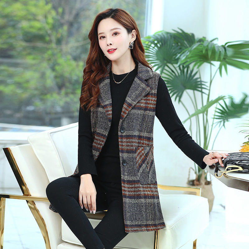 Women's Vests Autumn Winter Plaid Woolen Vest Jacket Women's Clothing Suit Collar Mid-Long Sleeveless Jacket Waistcoat Female Tops 230322