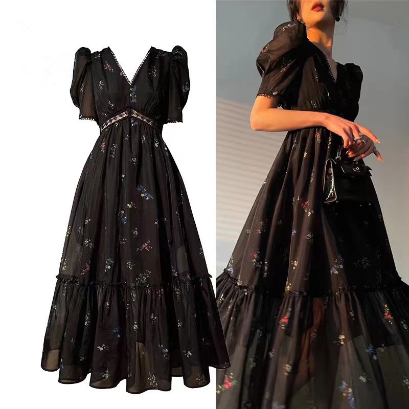 Party Dresses Runway Autumn Fashion Black Color Floral Print Long Dress Vintage Women V Neck Puff Sleeve Chiffon Slim High Waist Chic Vestidos 230322
