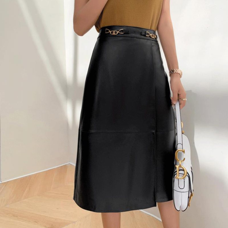 Skirts Leather Skirt for Women Autumn Winter Genuine Sheepskin High Waist Slim A-line Maxi Skirt Elegant Chic Faldas Largas Mujer 230322