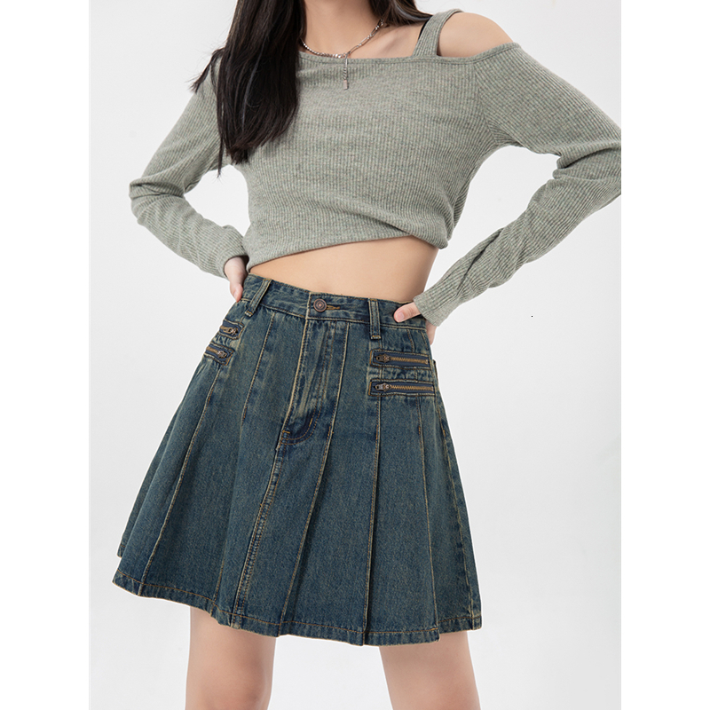 Skirts Women's Vintage Blue Denim Half Body Skirt Zipper Pleated High Waist Casual Fashion Baggy A-Line Jean Short Skirt Ladies Summer 230322