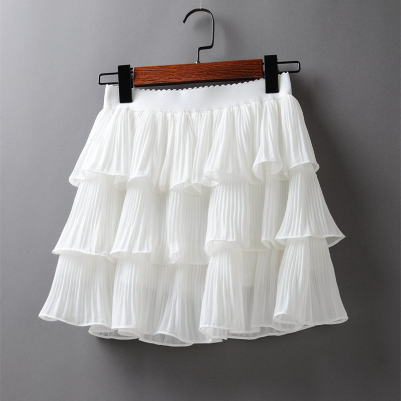 Skirts Summer Women Elasticity Waist Mini Skirt Ladies Chiffon Skirt Ladies Casual Cake Skirts Black White Femme Pleated Skirts 230322