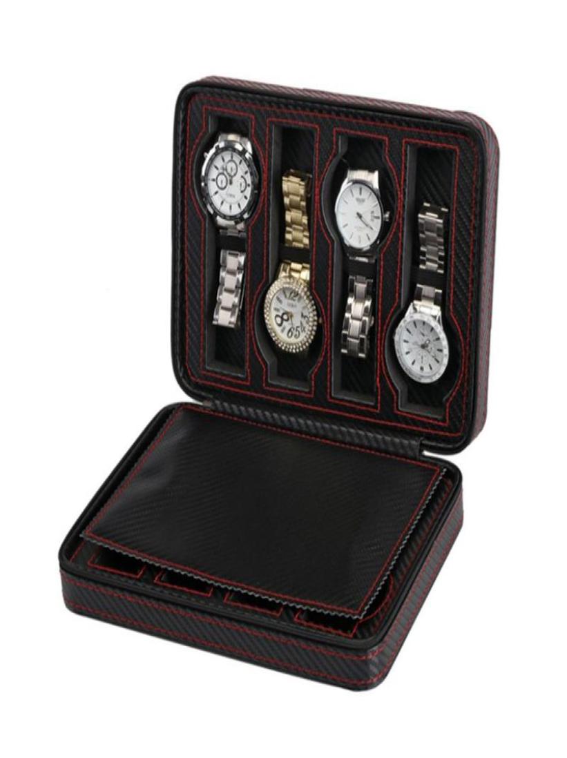 8 Slot Portable Black Carbon Fiber PU Leather Watch Zipper Storage bag Travel Jewlery Watch Box Bag Personalized Luxury Gift