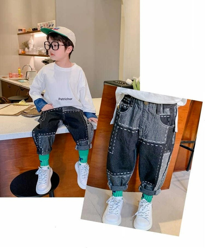 Jeans Boys Pants Fashion Jeans Patchwork Trend Sport Casual Pants Spring Autumn Teeage Children's Sweatpants Baby Kids Trousers 230322