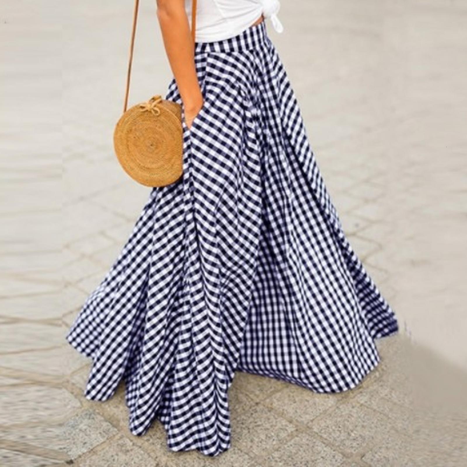 Skirts Plaid Long Skirts Women Bohemian Skirts Sexy High Waist Maxi Long Dress Casual Elastic Ladies A-line Skirts Women's Skirts Robe 230322