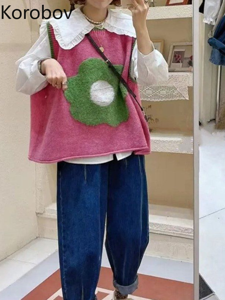 Women's Vests Korobov Korean Fashion Knitted Vest Autumn Loose Age Reduction Splicing Flowers Pull Femme Sweater Sweet Chaleco Mujer 230322