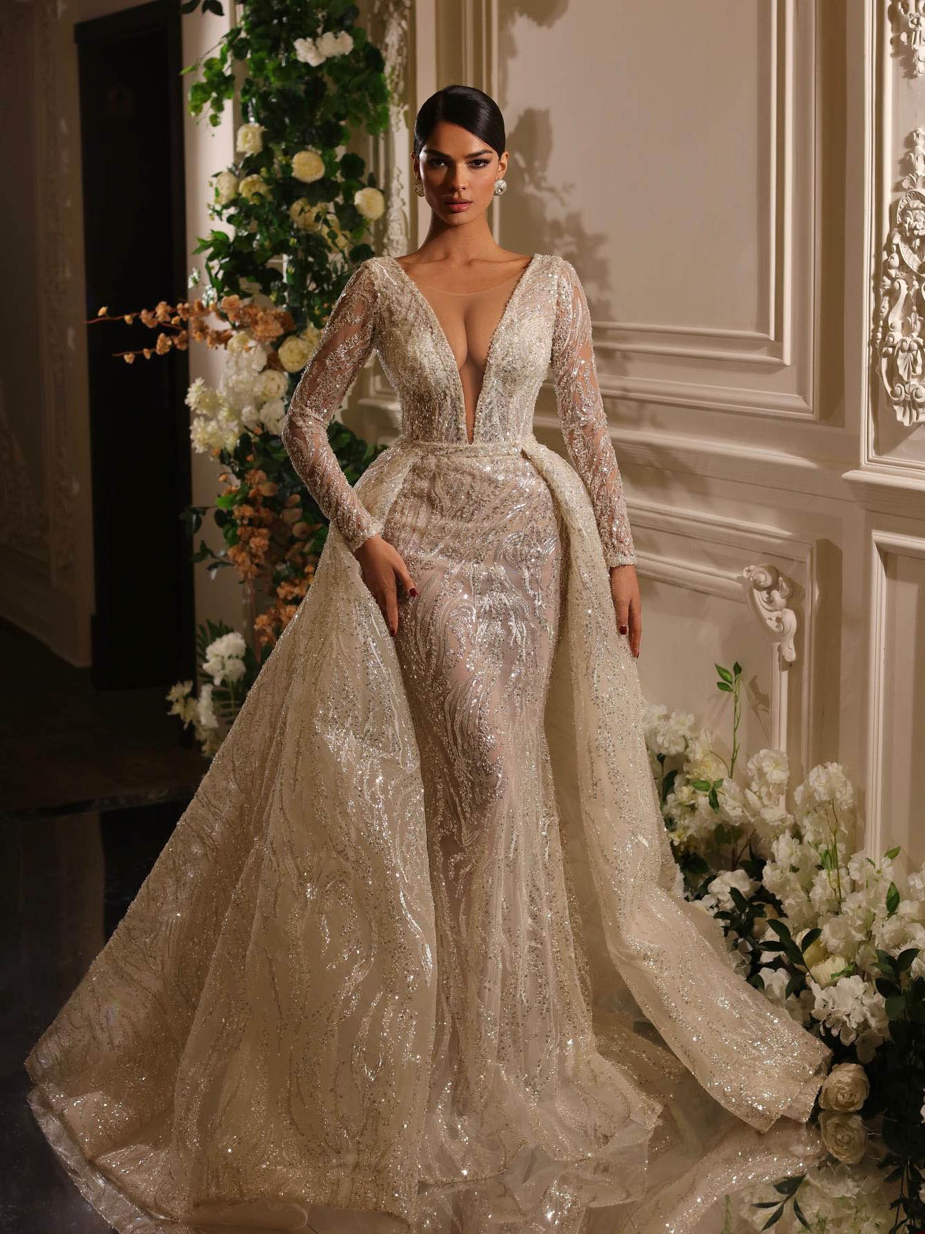 Elegant Illusion Mermaid Wedding Dress With Detachable Train Sparkly Sequins Sheer Neck Long Sleeve Bridal Gowns Bride Dresses