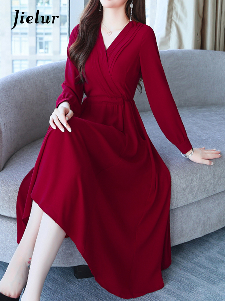 Party Dresses Jielur French Fashion Chiffon Long Dress Female Autumn V-neck Long Sleeve Black Red Dress Women Elegant Office Lady Vestidos 230322