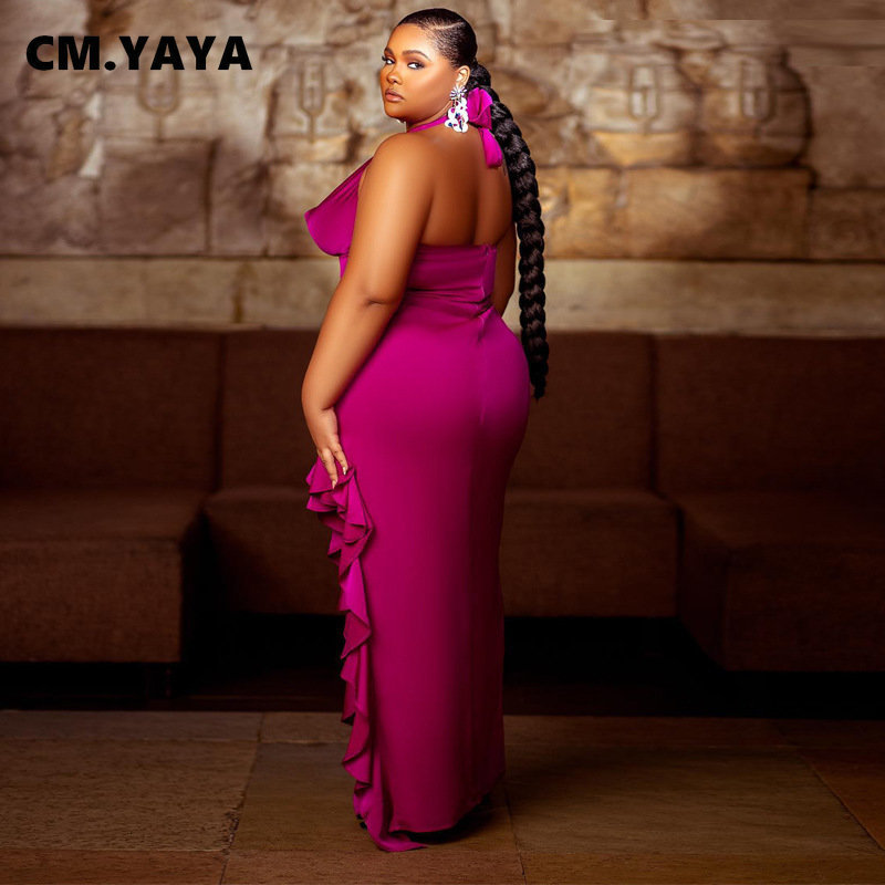 Party Dresses CM.YAYA Women Satin Stretch Halter Neck Sleeveless Backless Ruffles High Side Slit Maxi Long Dress Evening Sexy Party Dresses 230322