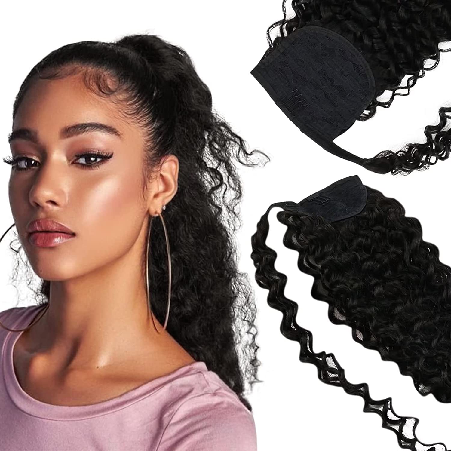 Human Hair Ponytail Extension Wavy Clip in Ponytail Extensions Natural Black Wavy Wrap Around Pony Tails brazilian virgin Extensions for Black Women 1