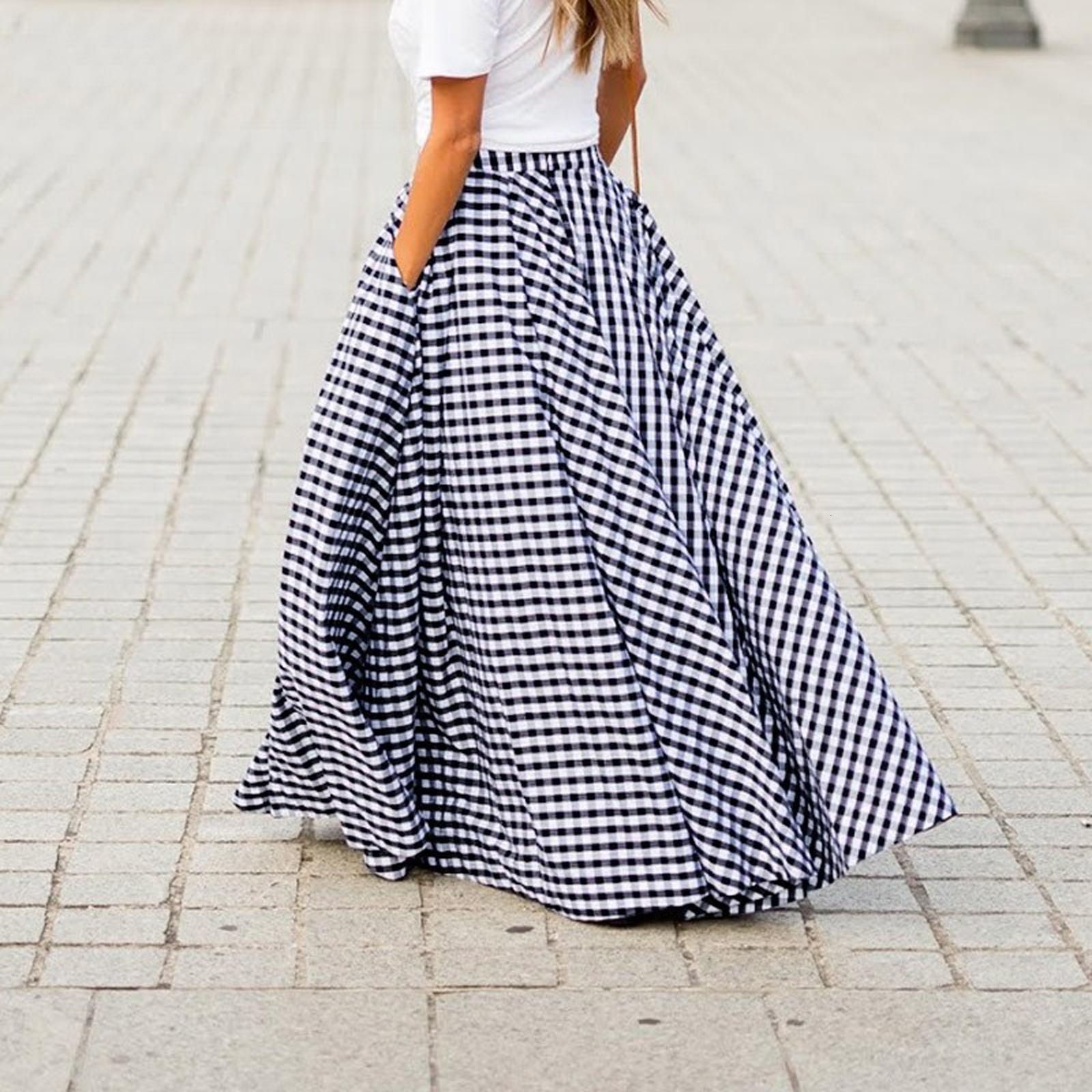 Skirts Plaid Long Skirts Women Bohemian Skirts Sexy High Waist Maxi Long Dress Casual Elastic Ladies A-line Skirts Women's Skirts Robe 230322