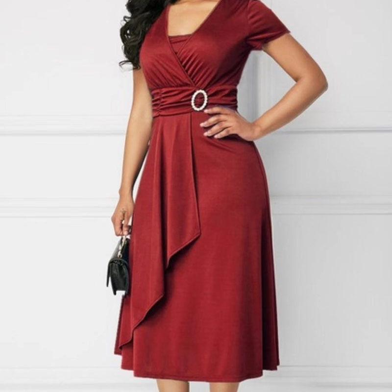 Party Dresses Bright Colour V-Neck Diamond Inlaid Metal Belt Buckle Decorate Silky Material Mid-calf Ladies Dresses Irregular Ruffles Solid 230322