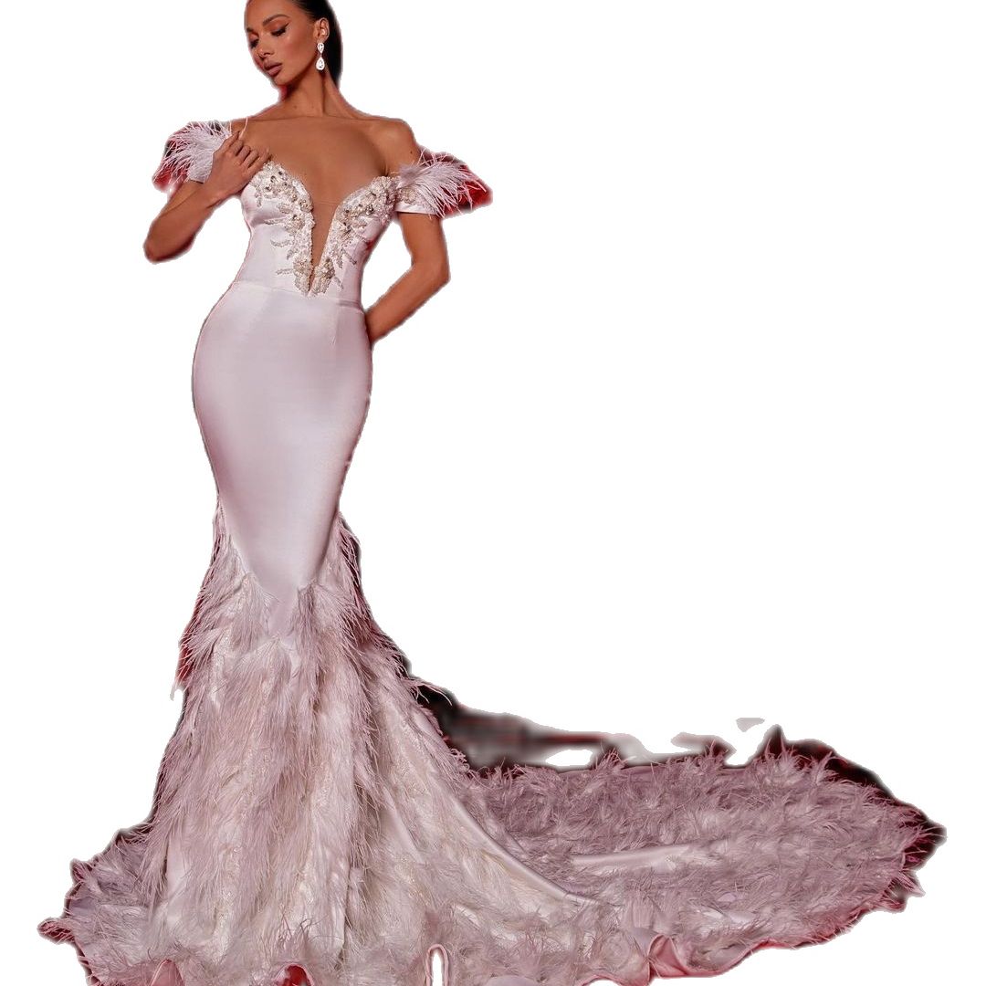 Sexy V Neck Mermaid Wedding Dresses Elegant Sleeveless Feather Bridal Gowns Custom Made Sweep Floor Dress Vestido De Novia