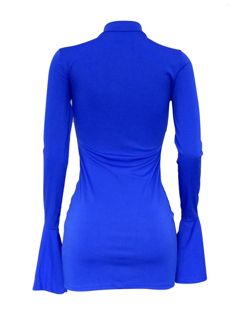 Casual Dresses Women Fashion Pure Color Mock Neck Minidress Ladies Flared Long Sleeve Skinny Dress For Club Party