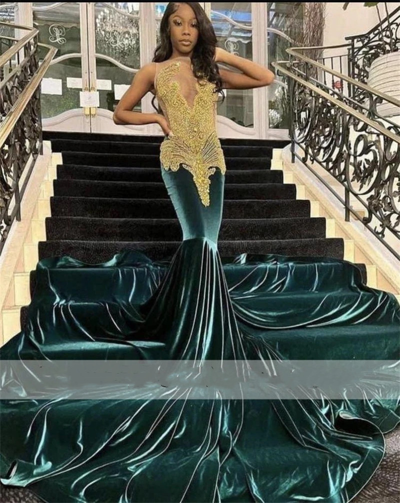 Sexy Hunter Green Veet Mermaid Prom Dresses Sheer Neck Gold Beaded Plus Size Formal Evening Ocn For Arabic Women 322