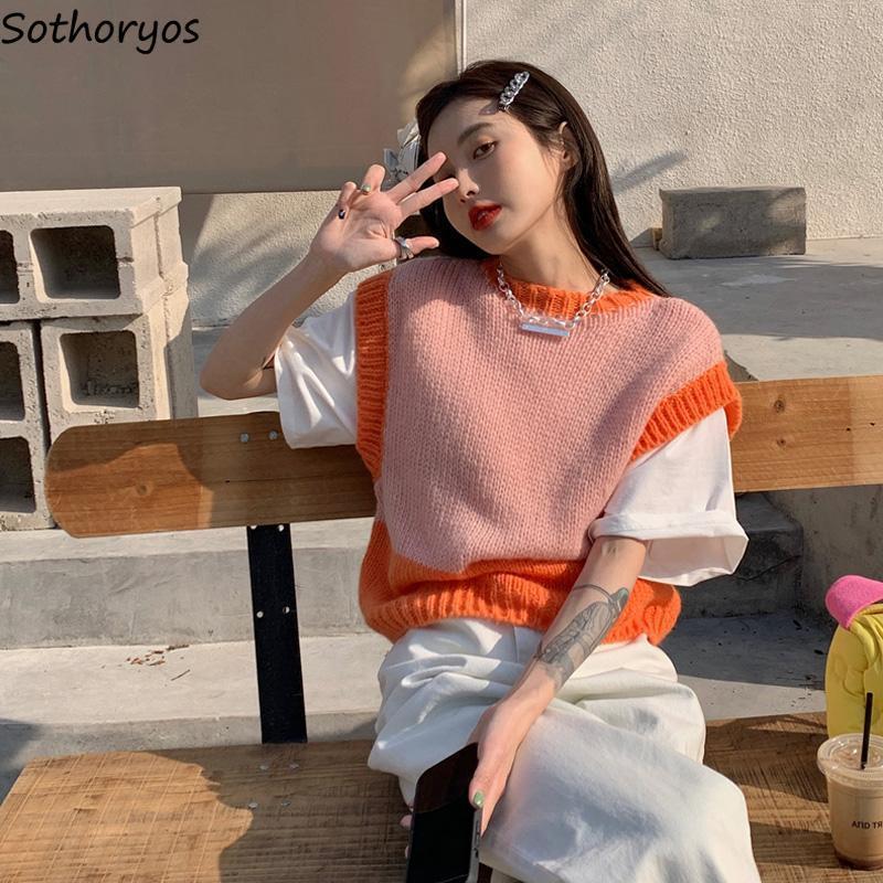 Women's Vests Panelled Sweater Vests Women Autumn Warm Loose O-neck Sleeveless Knitted Jumpers Teen Girls Chic Vintage Sweet Daily High Street 23
