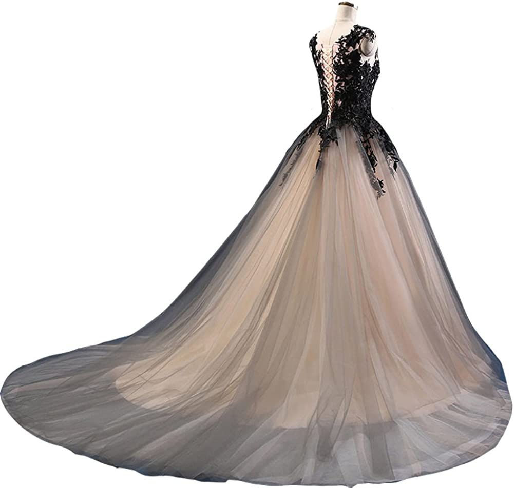 Gothic Black And Ivory Wedding Dress A-Line Long Tulle Bridal Gowns Lace Applique Sleeveless Crew Neck Vintage Bride Reception Wear