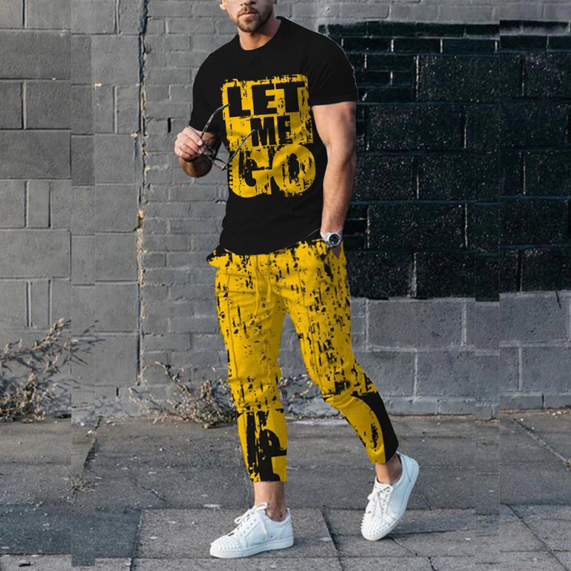 Men's Tracksuits Men tshirt Sets Tracksuit 3D printed 2 Piece Outfits of Sportswear Short Sleeve Streetwear Fashion T-shirt Long Pants Set 230322