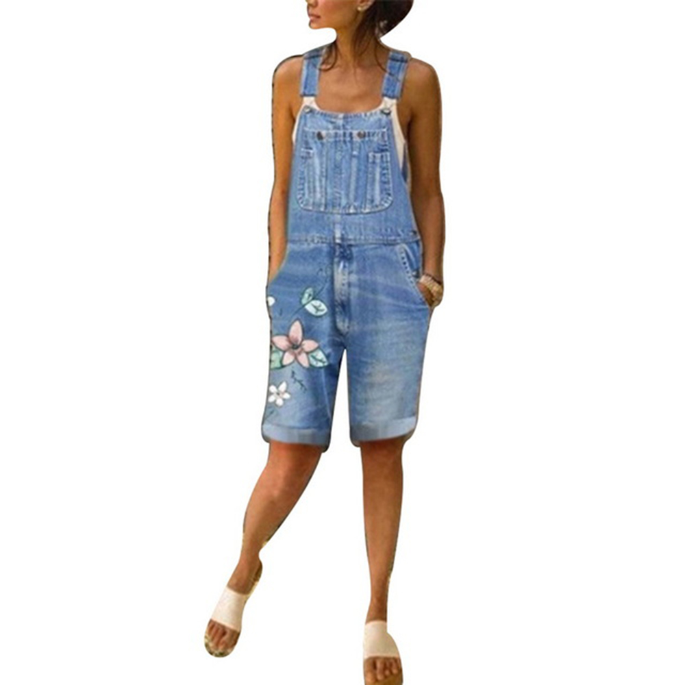 Summer Denim Short Denim Jumpsuits Women Casual Floral Print Spaghetti Strap Playsuit Female Pockets Vintage Jeans Shorts Ladies