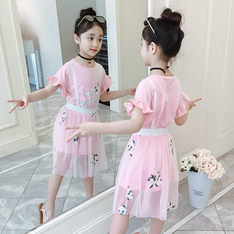 Clothing Sets girls clothes summer short sleeve tshirt letter printfloral embroidery mesh skrit children clothing set kid girl outfits 230322