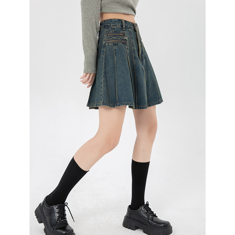 Skirts Women's Vintage Blue Denim Half Body Skirt Zipper Pleated High Waist Casual Fashion Baggy A-Line Jean Short Skirt Ladies Summer 230322