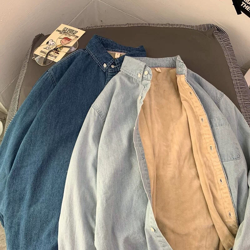 Men's Casual Shirts Cashmere Thickened Denim Shirt Men's Long Sleeve Autumn and Winter Korean Fashion Inch Shirt Men's Shirt Coat 23032