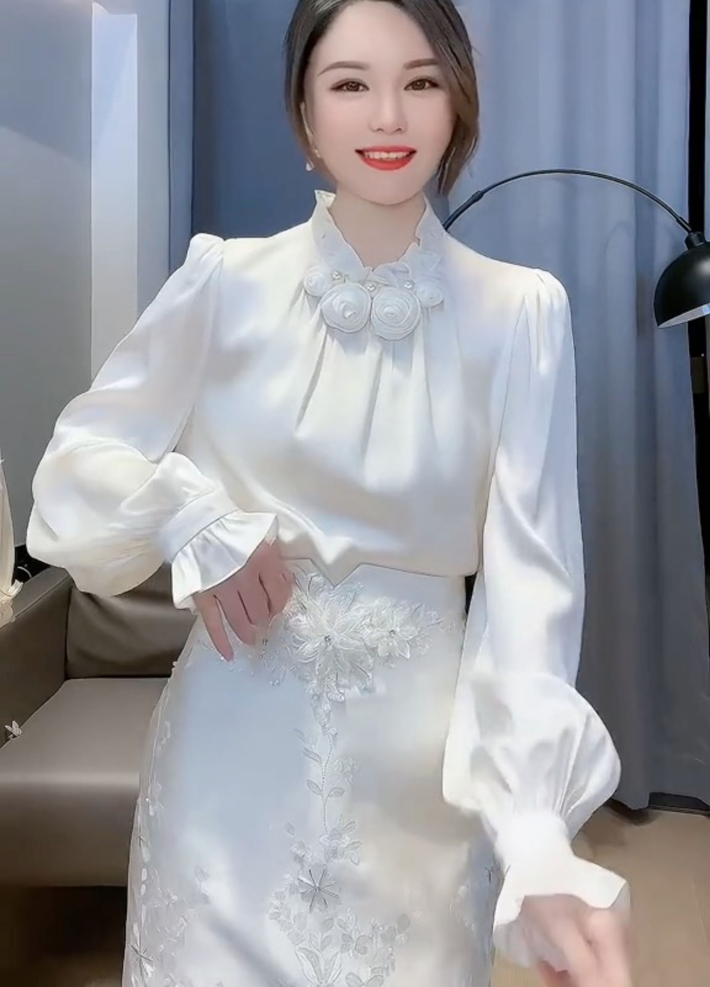 Womens blouse stand collar 3D rose flower patched lantern long sleeve satin shirt SMLXLXXL3XL