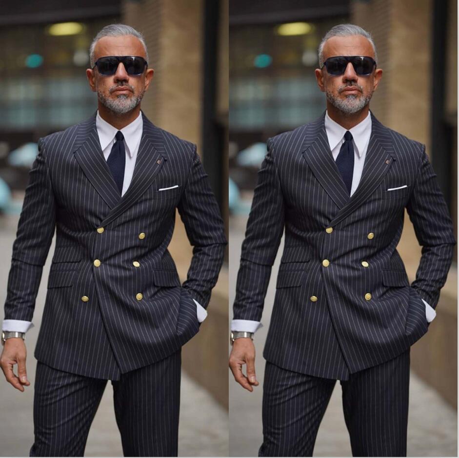 Navy Blue Men Wedding Tuxedos Peaked Lapel Double Breasted Mens Outfits Business Formal Party Wear Jacket Pants Suits 2 Pieces