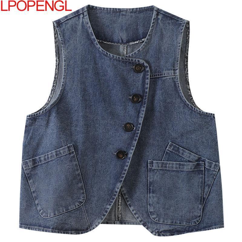 Women's Vests Women Fashion Vest All-match Solid Color O-neck Single Breasted Denim Vest Autumn Loose Comfortable Female Waistcoats 230322