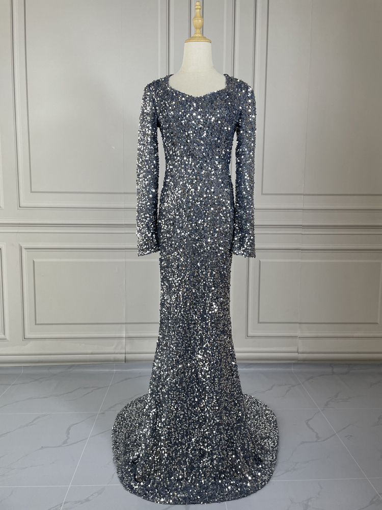 Party Dresses YIDINGZS Stretch Sequined Maxi Dress Full Sleeve V Neck Mermaid Evening Night Long Party Dress Grey Black Burgundy 230322