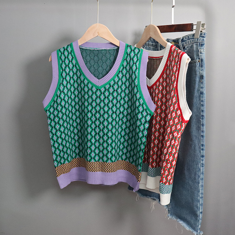 Women's Vests Fashion Retro Argyle Women's Sweater Tank Top Fall Winter Pull Up Hit Color Knitted Tank Top Sleeveless Jacket Gilet Women