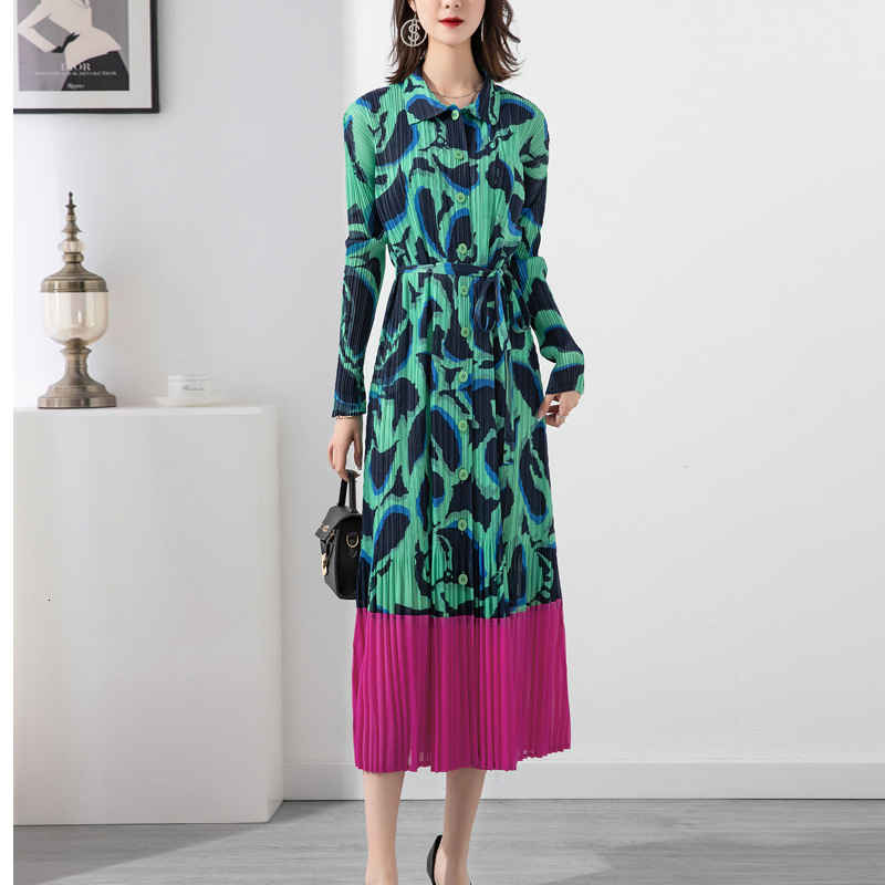 Party Dresses Miyake Summer Pleated Women Dress Lapel Lace-up Belt Floral Print Dress Loose Large Size Splicing Vintage Slim A-Line Dress 230322