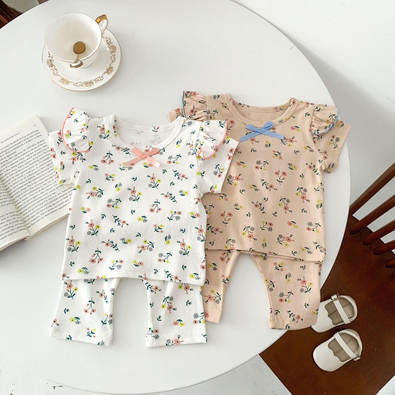 Clothing Sets Summer Baby Clothes Set Floral Girls Two Pieces Pajama Set Ruffle Girls Sleep Wear 230322
