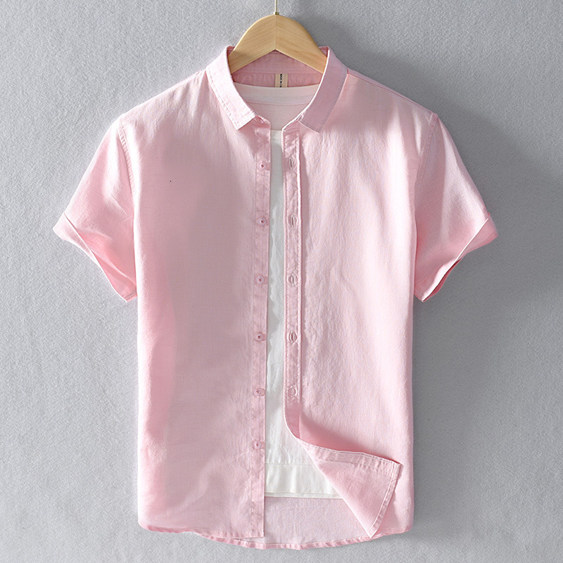 Men's Casual Shirts Summer Cotton Linen Short Sleeve Shirts Men Casual Fashion Pink Classic Turn-down Collar Man Tops Plus Size S-4XL Y2469 23032