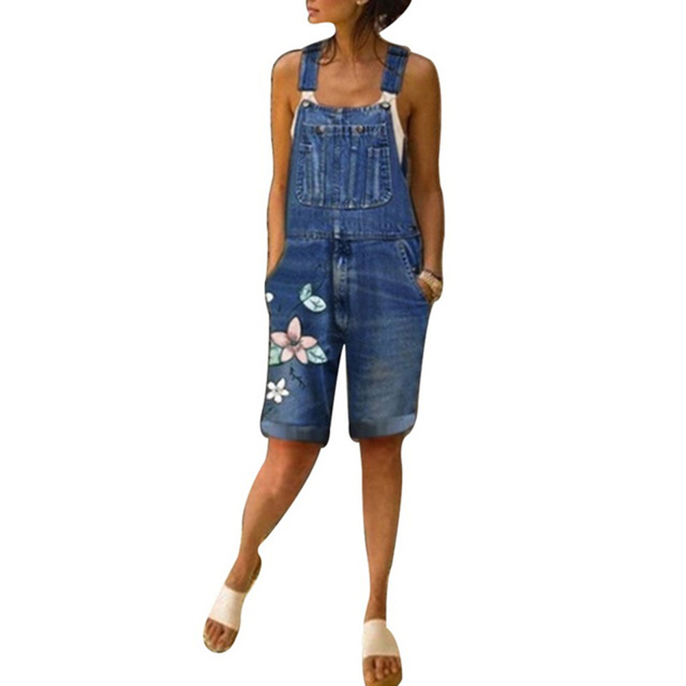 Summer Denim Short Denim Jumpsuits Women Casual Floral Print Spaghetti Strap Playsuit Female Pockets Vintage Jeans Shorts Ladies