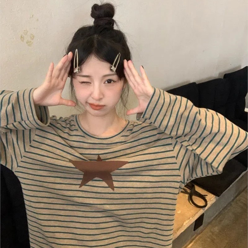 Women s T Shirt 2023 Autumn Striped Patchwork Embroidered Star Pattern Vintage Long Sleeve Women Crop Top Korean INS Harajuku Y2K Loose T shirt 230321